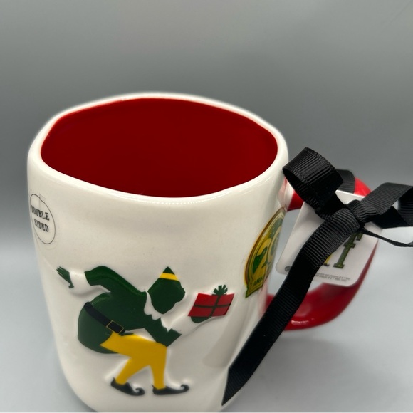 Rae Dunn RAISED BY ELVES 20th Anniversary ELF Red Handle Double Sided Mug NEW - Picture 2 of 4